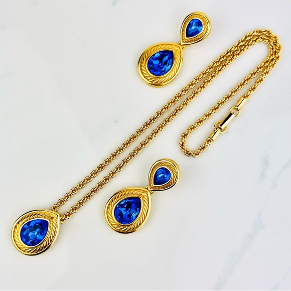VTG 80s Swarovski Swan Blue Pear Cut Crystal Pendant Chain Necklace Earrings - Picture 9 of 11